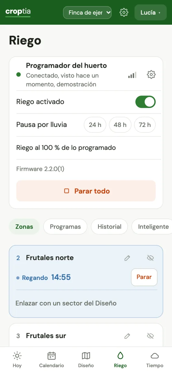 Panel de riego de Croptia con las zonas de un programador OpenSprinkler